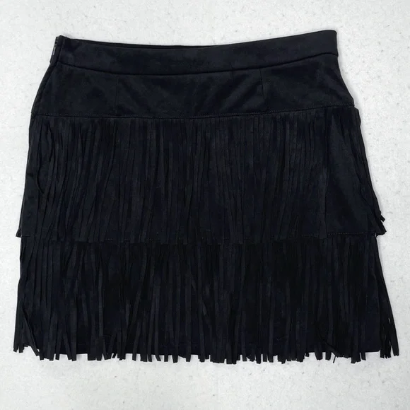 Alya Black Fringe Faux Suede Mini Skirt Size Large Western Style Cowgirl - Picture 3 of 8